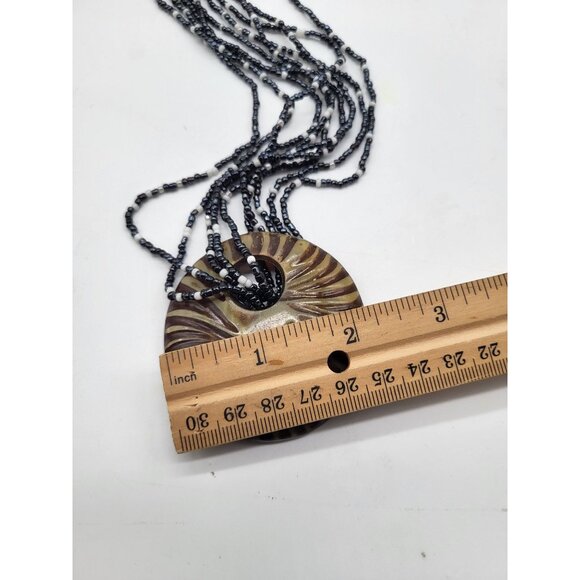 Boho Multi Strand Seed Bead Necklace w/Circle Disc Wood Pendant - Picture 9 of 10